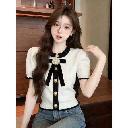 BY20709# 蝴蝶结小香气质短袖针织衫夏季新款女上衣T恤 服裝批發女裝批發服飾貨源
