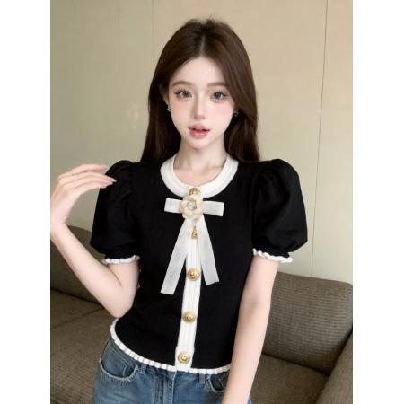BY20709# 蝴蝶结小香气质短袖针织衫夏季新款女上衣T恤 服裝批發女裝批發服飾貨源