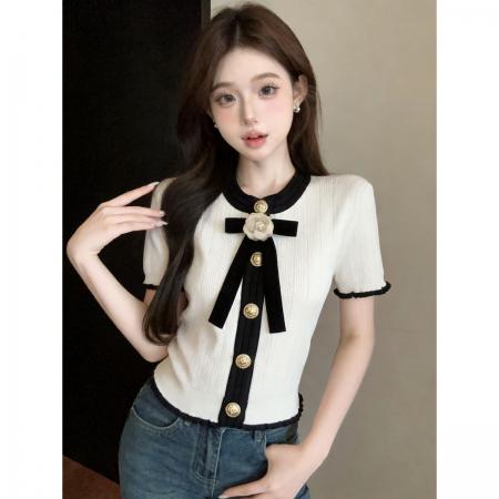BY20709# 蝴蝶结小香气质短袖针织衫夏季新款女上衣T恤 服裝批發女裝批發服飾貨源