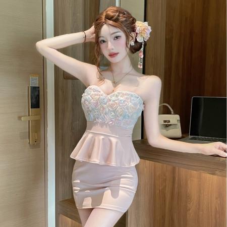 BY20714# 性感抹胸花朵拼接包臀打底连衣裙 服裝批發女裝批發服飾貨源