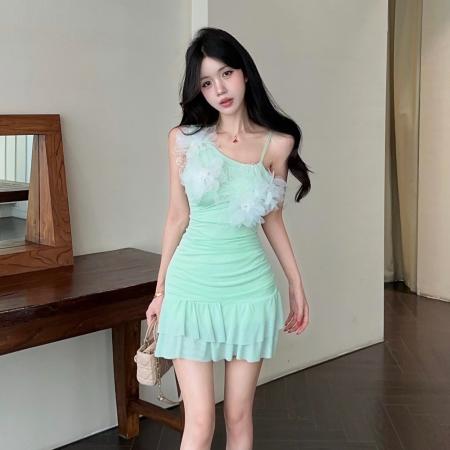 BY20715# 性感网纱花朵拼接吊带连衣裙 服裝批發女裝批發服飾貨源