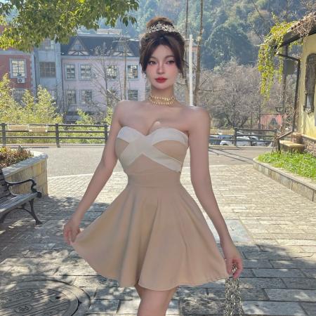 BY20719# 性感低胸交叉抹胸大摆连衣裙 服裝批發女裝批發服飾貨源