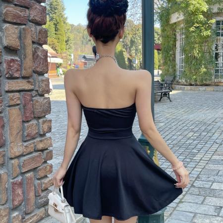 BY20719# 性感低胸交叉抹胸大摆连衣裙 服裝批發女裝批發服飾貨源