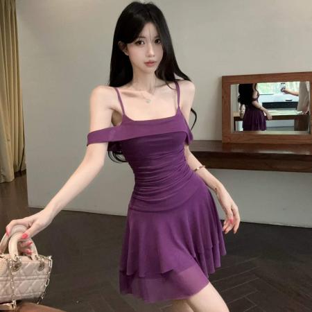 BY20723# 法式少女约会连衣裙韵味设计感一字领漏肩拍照短裙 服裝批發女裝批發服飾貨源