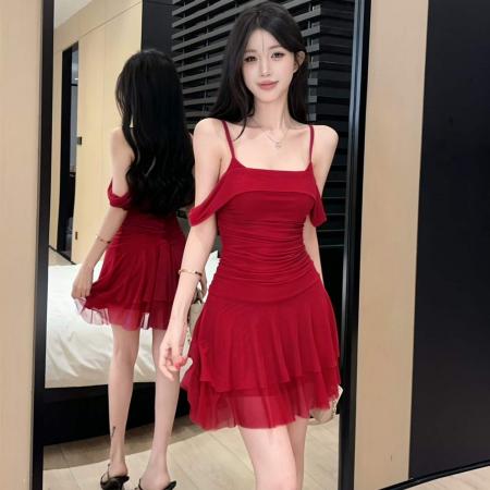 BY20723# 法式少女约会连衣裙韵味设计感一字领漏肩拍照短裙 服裝批發女裝批發服飾貨源
