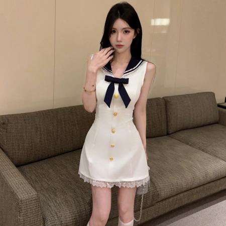 BY20730# 小众设计感海军领减龄气质蝴蝶结蕾丝拼接修身连衣裙 服裝批發女裝批發服飾貨源