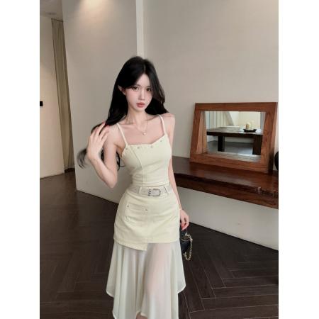 BY20736# 纯欲辣妹设计感铆钉吊带上衣不对称网纱拼接半身裙套装 服裝批發女裝批發服飾貨源