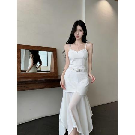 BY20736# 纯欲辣妹设计感铆钉吊带上衣不对称网纱拼接半身裙套装 服裝批發女裝批發服飾貨源