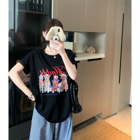 BY20738# 大码夏季胖mm圆领正肩设计感复古狗狗印花棉质短袖t恤上衣女 服裝批發女裝批發服飾貨源