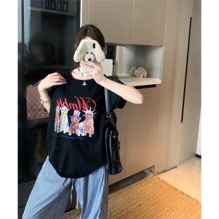 BY20738# 大码夏季胖mm圆领正肩设计感复古狗狗印花棉质短袖t恤上衣女 服裝批發女裝批發服飾貨源