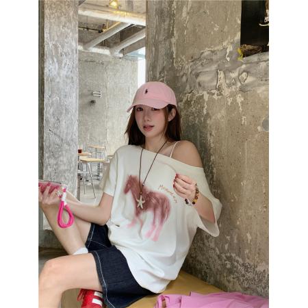 BY20739# 韩系小马印花T恤防晒罩衫女夏季慵懒一字肩上衣 服裝批發女裝批發服飾貨源