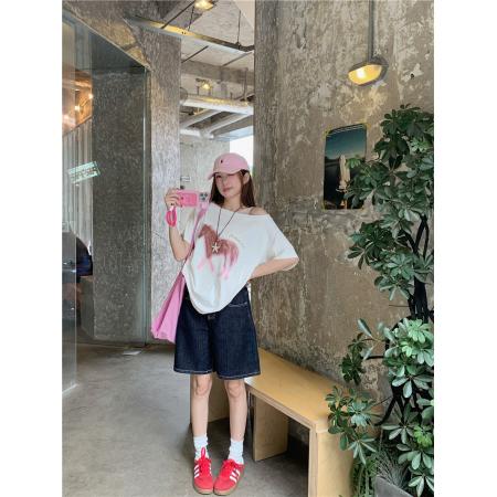 BY20739# 韩系小马印花T恤防晒罩衫女夏季慵懒一字肩上衣 服裝批發女裝批發服飾貨源