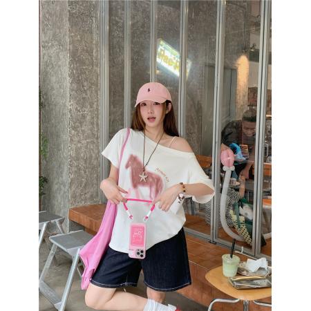 BY20739# 韩系小马印花T恤防晒罩衫女夏季慵懒一字肩上衣 服裝批發女裝批發服飾貨源