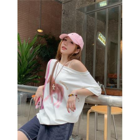 BY20739# 韩系小马印花T恤防晒罩衫女夏季慵懒一字肩上衣 服裝批發女裝批發服飾貨源