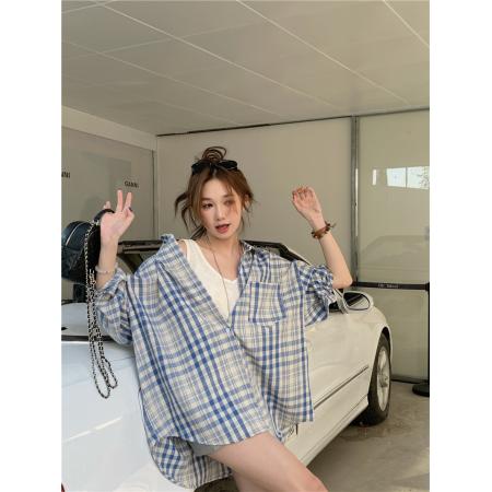BY20740# 韩版春夏宽松百搭长袖格子衬衫 服裝批發女裝批發服飾貨源