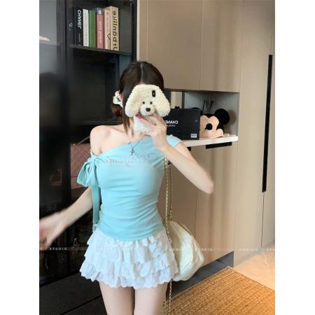 BY20746# 夏季新款斜肩绑带修身收腰设计感上衣女 服裝批發女裝批發服飾貨源