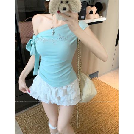 BY20746# 夏季新款斜肩绑带修身收腰设计感上衣女 服裝批發女裝批發服飾貨源