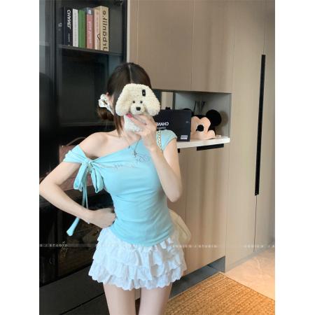 BY20746# 夏季新款斜肩绑带修身收腰设计感上衣女 服裝批發女裝批發服飾貨源