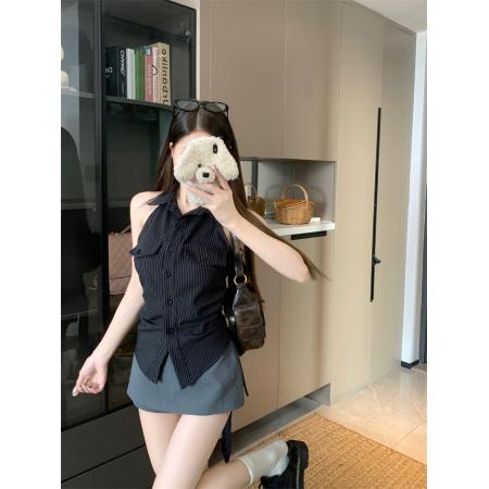 BY20747# 条纹衬衫女新款法式上衣露背收腰黑色无袖衬衣 服裝批發女裝批發服飾貨源