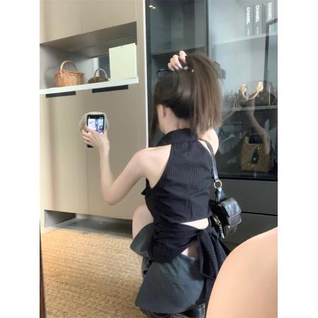BY20747# 条纹衬衫女新款法式上衣露背收腰黑色无袖衬衣 服裝批發女裝批發服飾貨源