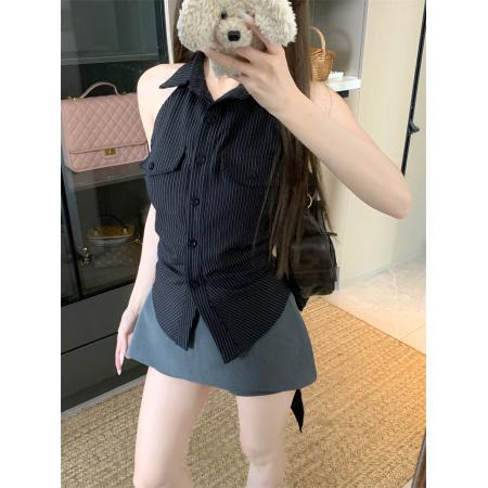 BY20747# 条纹衬衫女新款法式上衣露背收腰黑色无袖衬衣 服裝批發女裝批發服飾貨源