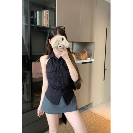 BY20747# 条纹衬衫女新款法式上衣露背收腰黑色无袖衬衣 服裝批發女裝批發服飾貨源
