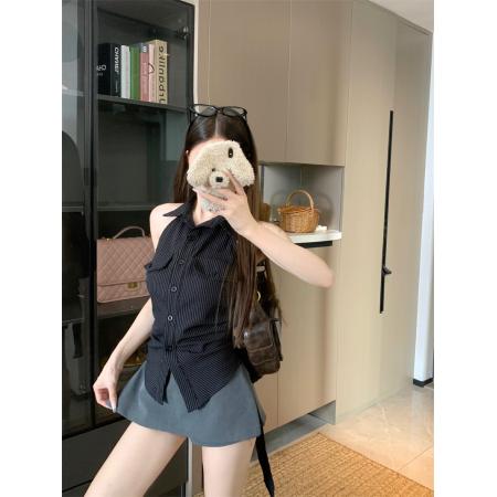 BY20747# 条纹衬衫女新款法式上衣露背收腰黑色无袖衬衣 服裝批發女裝批發服飾貨源