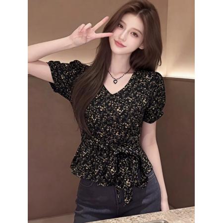 BY20760# 法式碎花短袖衬衫女款新款夏季系带收腰超火减龄女士上衣衬衣 服裝批發女裝批發服飾貨源