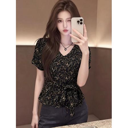 BY20760# 法式碎花短袖衬衫女款新款夏季系带收腰超火减龄女士上衣衬衣 服裝批發女裝批發服飾貨源