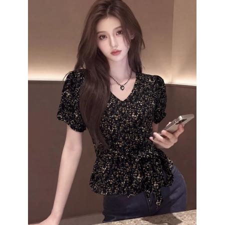 BY20760# 法式碎花短袖衬衫女款新款夏季系带收腰超火减龄女士上衣衬衣 服裝批發女裝批發服飾貨源