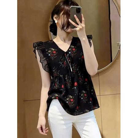高级感碎花v领短袖雪纺衬衫女夏季新款时尚气质显瘦无袖上衣 服裝批發女裝批發服飾貨源
