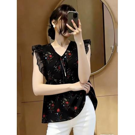 BY20761# 高级感碎花v领短袖雪纺衬衫女夏季新款时尚气质显瘦无袖上衣 服裝批發女裝批發服飾貨源