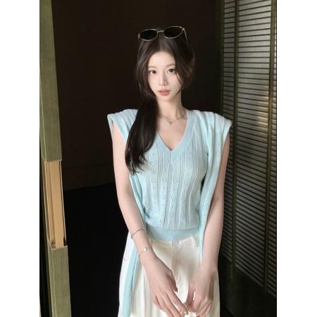 BY20768# 日常休闲风v领披肩短袖针织衫夏季显瘦通勤减龄短款上衣 服裝批發女裝批發服飾貨源
