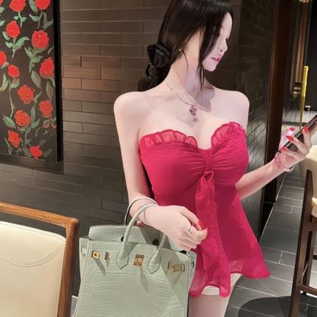 玫红色系带无袖抹胸背心女春季宽松显瘦性感甜辣妹裹胸上衣 服裝批發女裝批發服飾貨源