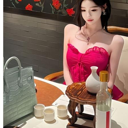 BY20769# 玫红色系带无袖抹胸背心女春季宽松显瘦性感甜辣妹裹胸上衣 服裝批發女裝批發服飾貨源