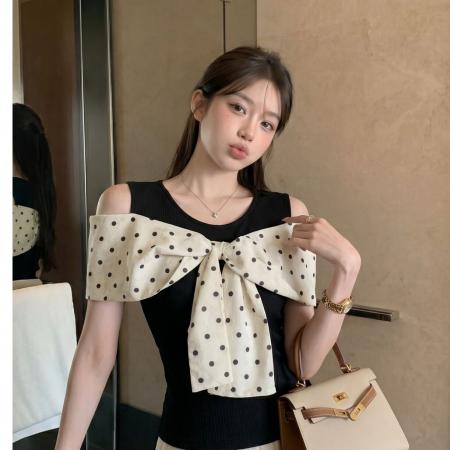 BY20770# 温柔风波点蝴蝶结女夏款纯欲露肩修身圆领背心外穿无袖上衣 服裝批發女裝批發服飾貨源