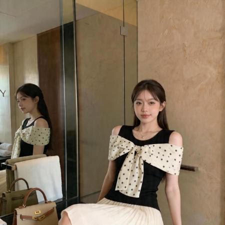 BY20770# 温柔风波点蝴蝶结女夏款纯欲露肩修身圆领背心外穿无袖上衣 服裝批發女裝批發服飾貨源
