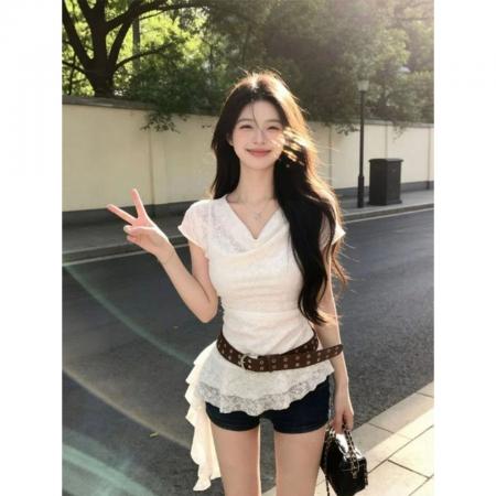 BY20771# 法式温柔白色荡领蕾丝无袖上衣女纯欲风收腰显瘦荷叶边短款罩衫 服裝批發女裝批發服飾貨源