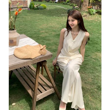 BY20776# 夏装新款设计交叠系带上衣天丝棉麻阔腿裤气质两件套装女 服裝批發女裝批發服飾貨源