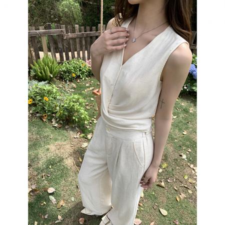 BY20776# 夏装新款设计交叠系带上衣天丝棉麻阔腿裤气质两件套装女 服裝批發女裝批發服飾貨源