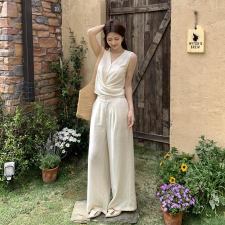 BY20776# 夏装新款设计交叠系带上衣天丝棉麻阔腿裤气质两件套装女 服裝批發女裝批發服飾貨源