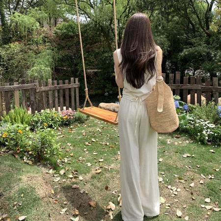 BY20776# 夏装新款设计交叠系带上衣天丝棉麻阔腿裤气质两件套装女 服裝批發女裝批發服飾貨源