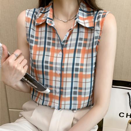 BY20781# 洋气夏季格子坎肩背心女外穿衬衫无袖雪纺打底衫内搭上衣 服裝批發女裝批發服飾貨源
