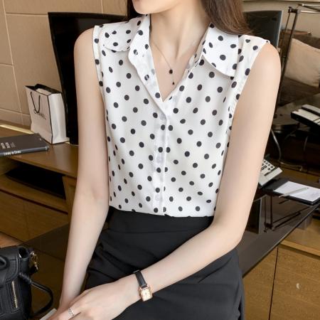 BY20782# 洋气夏季波点坎肩背心女外穿衬衫无袖雪纺打底衫内搭上衣 服裝批發女裝批發服飾貨源
