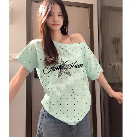 BY20785# 支纯棉奥代尔波点斜肩短袖T恤女 服裝批發女裝批發服飾貨源