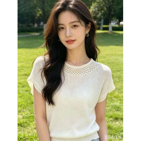 BY20786# 新款气质减龄圆领钉珠针织小飞袖上衣女 服裝批發女裝批發服飾貨源