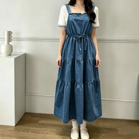 BY20798# 韩国东大门夏装女装时尚净版系带收腰百搭牛仔背带裙 服裝批發女裝批發服飾貨源