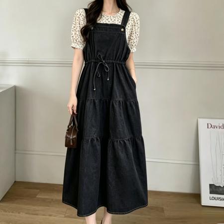 BY20798# 韩国东大门夏装女装时尚净版系带收腰百搭牛仔背带裙 服裝批發女裝批發服飾貨源