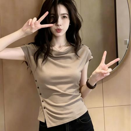 BY20800# 精棉夏季大码女装法式甜辣妹复古短袖t恤不规则纽扣上衣 服裝批發女裝批發服飾貨源
