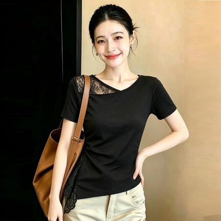 精棉夏季不规则褶皱拼接设计百搭上衣设计感短袖T恤 服裝批發女裝批發服飾貨源